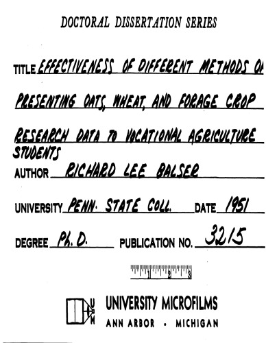 EFFECTIVENESS OF DIFFERENT METHODS OF PRESENTING OATS, WHEAT, AND FORAGE CROP RESEARCH DATA TO VOCATIONAL AGRICULTURE STUDENTS