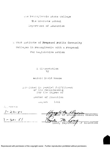 A COST ESTIMATE OF PROPOSED PUBLIC COMMUNITY COLLEGES IN PENNSYLVANIA WITH A PROPOSAL FOR LEGISLATIVE ACTION