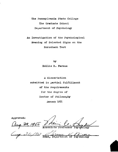 AN INVESTIGATION OF THE PSYCHOLOGICAL MEANING OF SELECTED SIGNS ON THE RORSCHACH TEST
