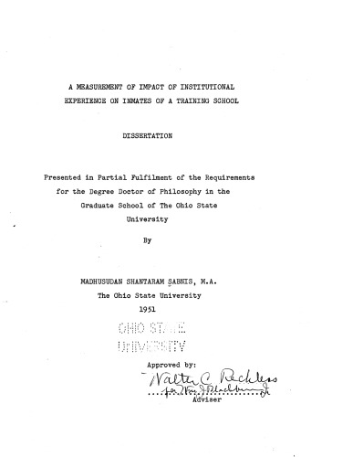 A Measurement of Impact of Institutional Experience on Inmates of a Training School