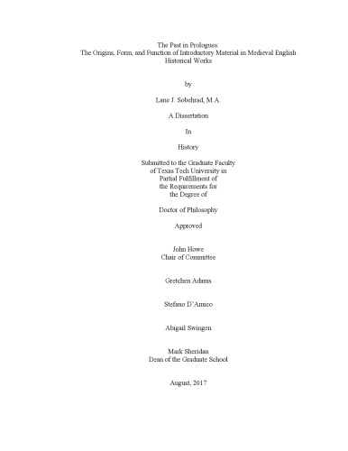 The past in prologues: The origins, form, and function of introductory material in medieval English historical works