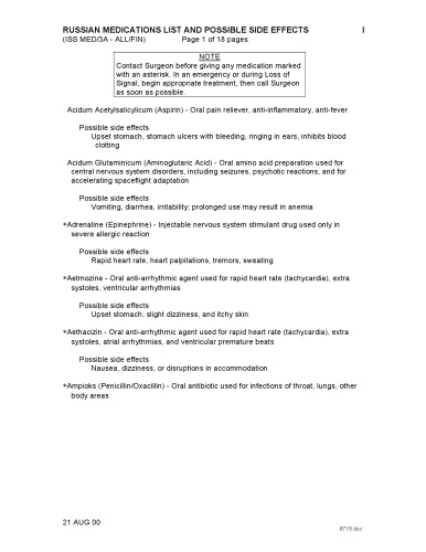 RUSSIAN MEDICATIONS LIST AND POSSIBLE SIDE EFFECTS