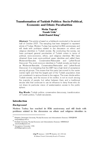 Transformation of Turkish Politics: Socio-Political, Economic and Ethnic Peculiarities