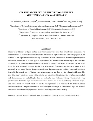 Memonc Shended Wonge - On the security of the Yeung-Mintzer authentication watermark