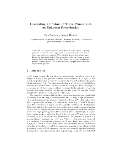 Generating a Product of Three Primes with an Unknown Factorization