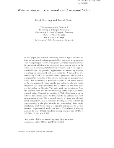Hartung Girod - Watermarking of Uncompressed and Compressed Video