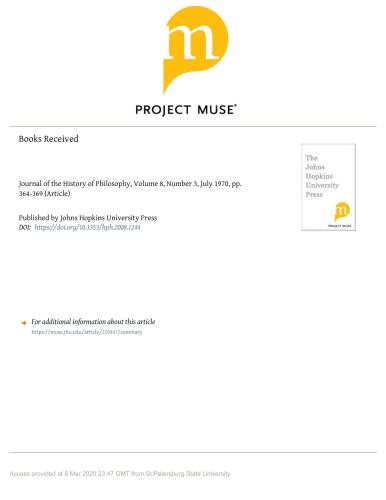 Journal of the History of Philosophy, Volume 8, Number 3, July 1970