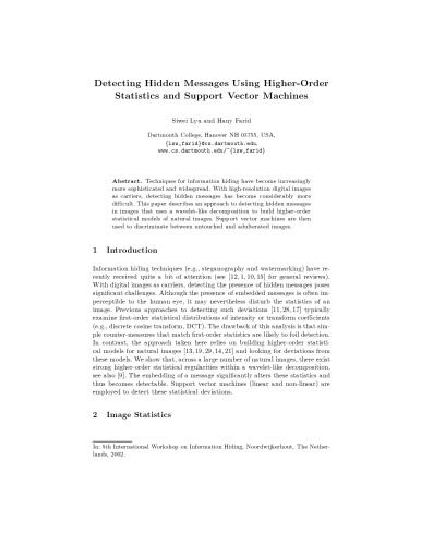 Detecting Hidden Messages Using Higher-Order Statistics and Support Vector Machines