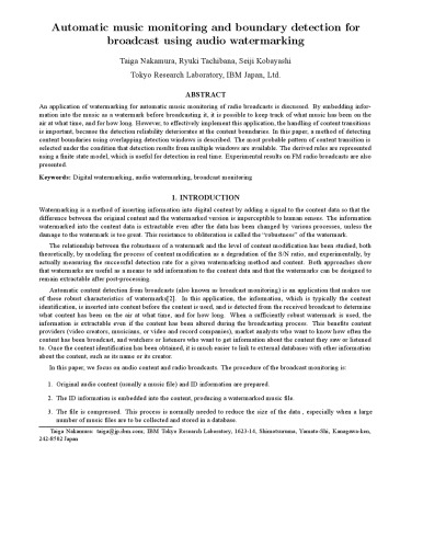 Automatic music monitoring and boundary detection for broadcast using audio watermarking