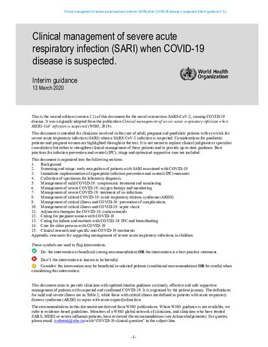Clinical management of severe acute respiratory infection (SARI) when COVID-19 disease is suspected: Interim guidance V1.2 (13 March 2020)