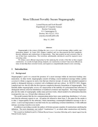 More Efficient Provably Secure Steganography