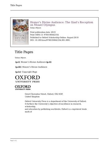 Homer's Divine Audience: The Iliad's Reception on Mount Olympus