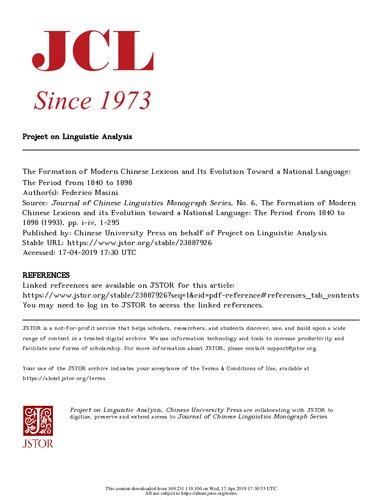 The Formation of Modern Chinese Lexicon and Its Evolution Toward a National Language: The Period from 1840 to 1898