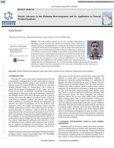 Current Organic Chemistry 
Recent Advances in the Hofmann Rearrangement and Its Application to Natural Product Synthesis