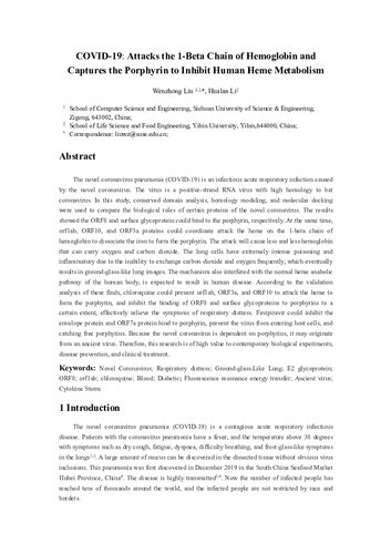 COVID-19: Attacks the 1-Beta Chain of Hemoglobin and Captures the Porphyrin to Inhibit Human Heme Metabolism