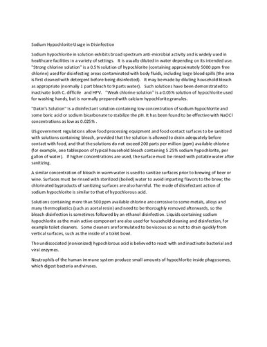Sodium Hypochlorite Usage in Disinfection