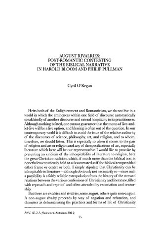 Religion & Literature 
August Rivalries: Post-Romantic contesting of the Biblical narrative in Harold Bloom and Philip Pullman