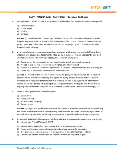 PMP® - PMBOK® Guide – Sixth Edition – Classroom Test Paper - Questions and Answers