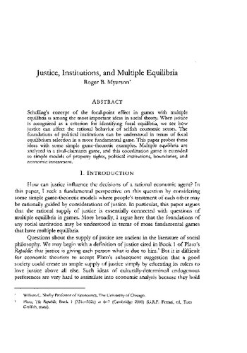 Myerson, R. B. (2004). Justice, institutions, and multiple equilibria. Chicago Journal of International Law, 5(1), 91-108.