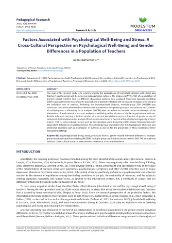 Factors Associated with Psychological Well-Being and Stress: A Cross-Cultural Perspective on Psychological Well-Being and Gender Differences in a Population of Teachers