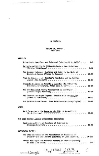 La corónica. A Journal of Medieval Hispanic Languages, Literatures, and Cultures