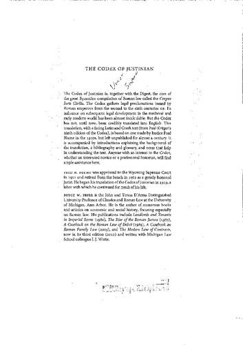 The Codex of Justinian: A New Annotated Translation with Parallel Latin and Greek Text