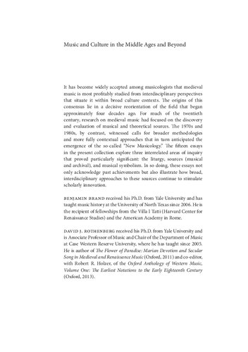 Music and Culture in the Middle Ages and Beyond:  Liturgy, Sources, Symbolism