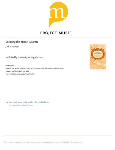Creating the British Atlantic: Essays on Transplantation, Adaptation, and Continuity