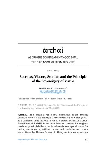 Archai, The origins of Western Thought 
Socrates, Vlastos, Scanlon and the Principle of the Sovereignty of Virtue