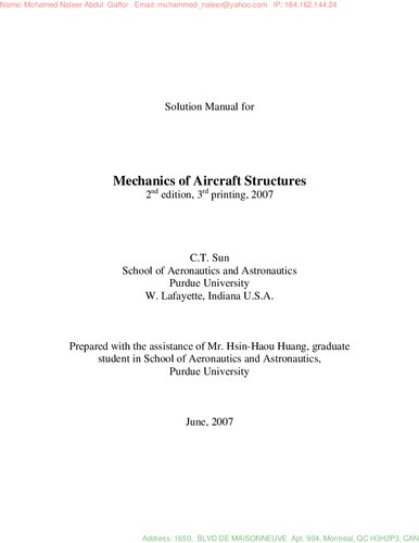 Solution Manual for Mechanics of Aircraft Structures 2'nd edition C.T. Sun