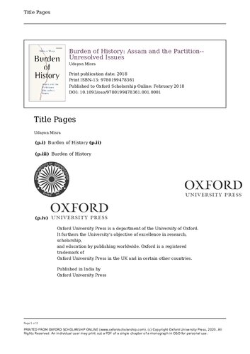 Burden of History: Assam and the Partition—Unresolved Issues