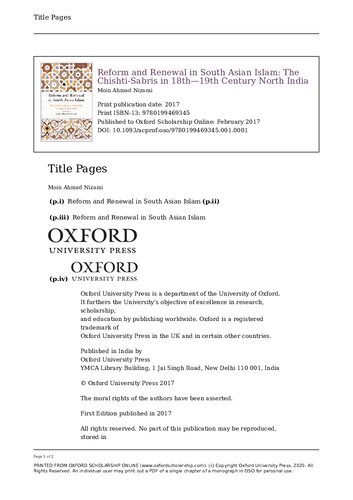 Reform and Renewal in South-Asian Islam: The Chishti-Sabris in 18th-19th Century North India