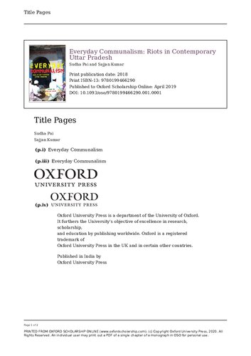 Everyday Communalism: Riots in Contemporary Uttar Pradesh