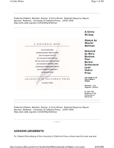 A Critic Writes: Selected Essays by Reyner