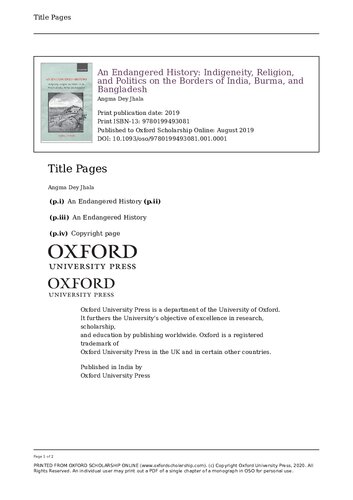 An Endangered History: Indigeneity, Religion, and Politics on the Borders of India, Burma, and Bangladesh