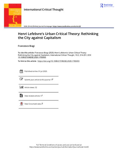 Henri Lefebvre’s Urban Critical Theory: Rethinking the City against Capitalism