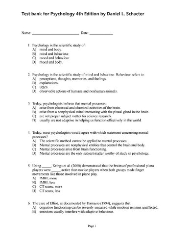 Test Bank - Psychology 4th Ed. by Daniel Schater