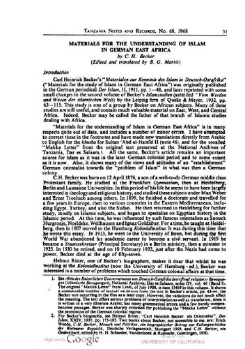 Materials for the Understanding of Islam in German East Africa