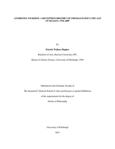 [Dissertation] ANTIDOTES TO DEISM: A RECEPTION HISTORY OF THOMAS PAINE’S THE AGE OF REASON, 1794-1809