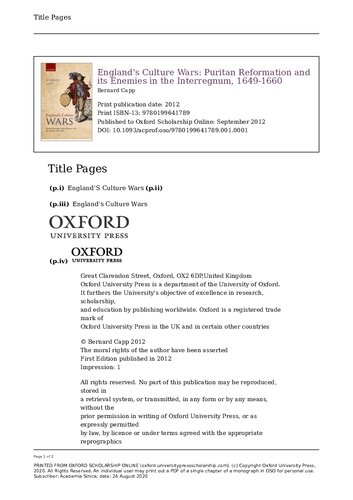 England's Culture Wars: Puritan Reformation and its Enemies in the Interregnum, 1649-1660