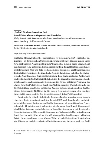 „On fire“ für einen Green New Deal Naomi Kleins Vision zu Wegen aus der Klimakrise