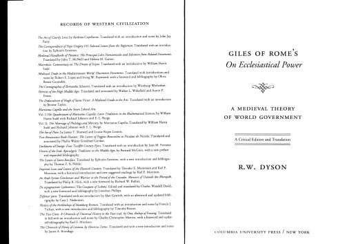 Giles of Rome’s On Ecclesiastical Power: A Medieval Theory of World Government: A Critical Edition and Translation