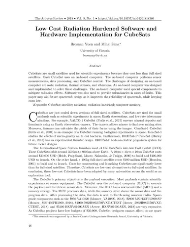 Low Cost Radiation Hardened Software and Hardware Implementation for CubeSats