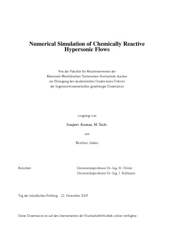 Numerical Simulation of Chemically Reactive Hypersonic Flows