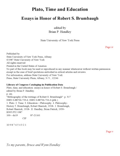 Plato, Time, and Education: Essays in Honor of Robert S. Brumbaugh