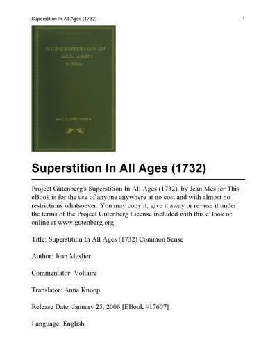 Superstition In All Ages (1732) Common Sense