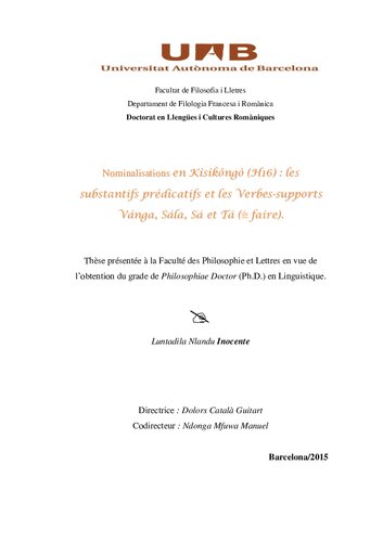 Nominalisations en Kìsìkôngò (H16): les substantifs prédicatifs et les Verbes-supports Vánga, Sála, Sá et Tá (⩭ faire)