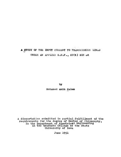 A study of the input current to transmission lines under an applied electromotive force, EU (t) SIN wt.