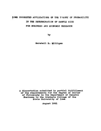 Some Suggested Applications of the Theory of Probability in the Determination of Sample Size for Business and Economic Research