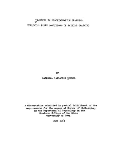 Transfer in Discrimination Learning Following Three Conditions of Initial Training